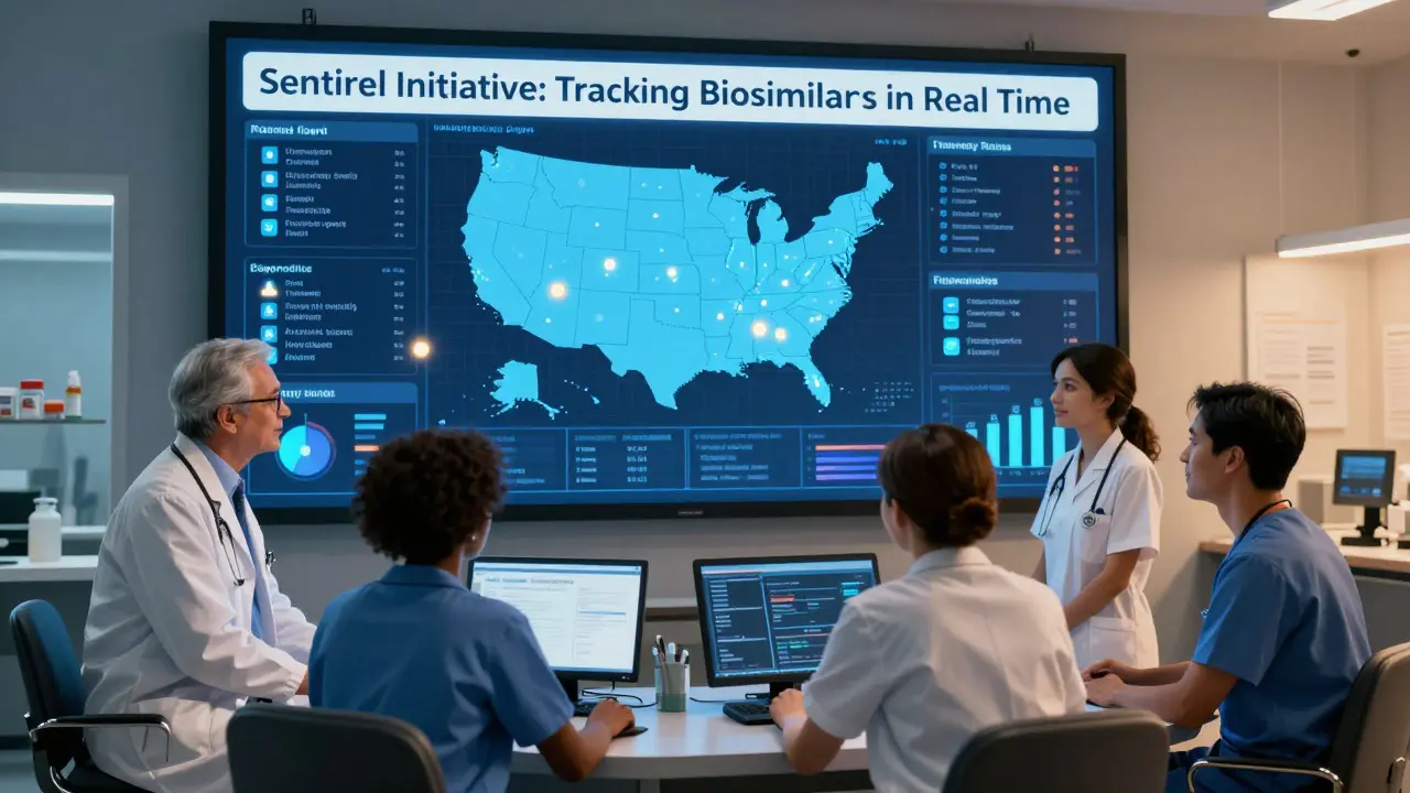 Healthcare team monitors real-time biosimilar safety data on a digital dashboard, with glowing regional alerts and Sentinel Initiative banner.