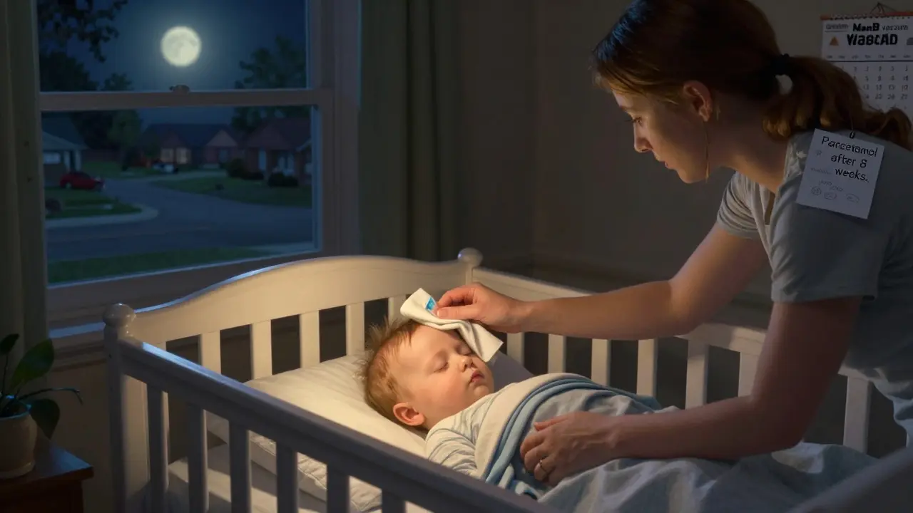 Parent gently cools a sleeping infant's forehead with a damp cloth at night, no medication used.