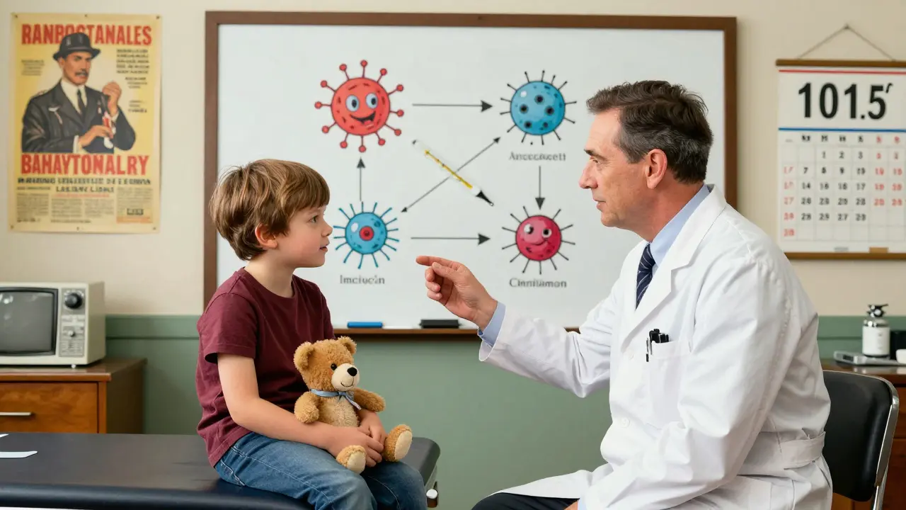 Pediatrician explains vaccine fever to a parent and child in a cozy clinic with a whiteboard showing immune response.