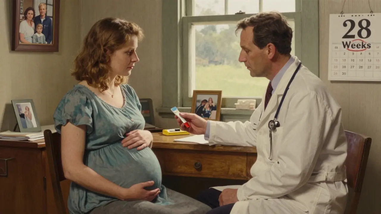 Pregnant woman receiving syphilis screening from a doctor, sunlight streaming through the window.