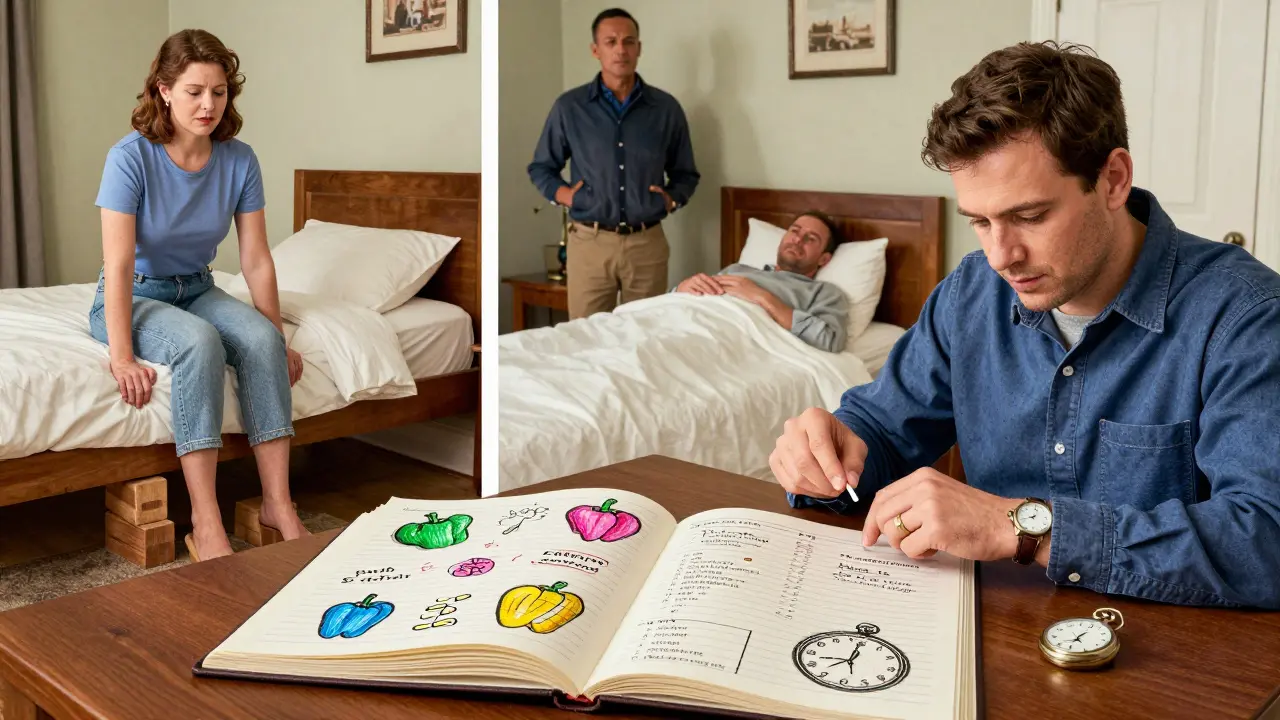 Three people practicing GERD-friendly habits: bed elevation, meal timing, and food tracking.