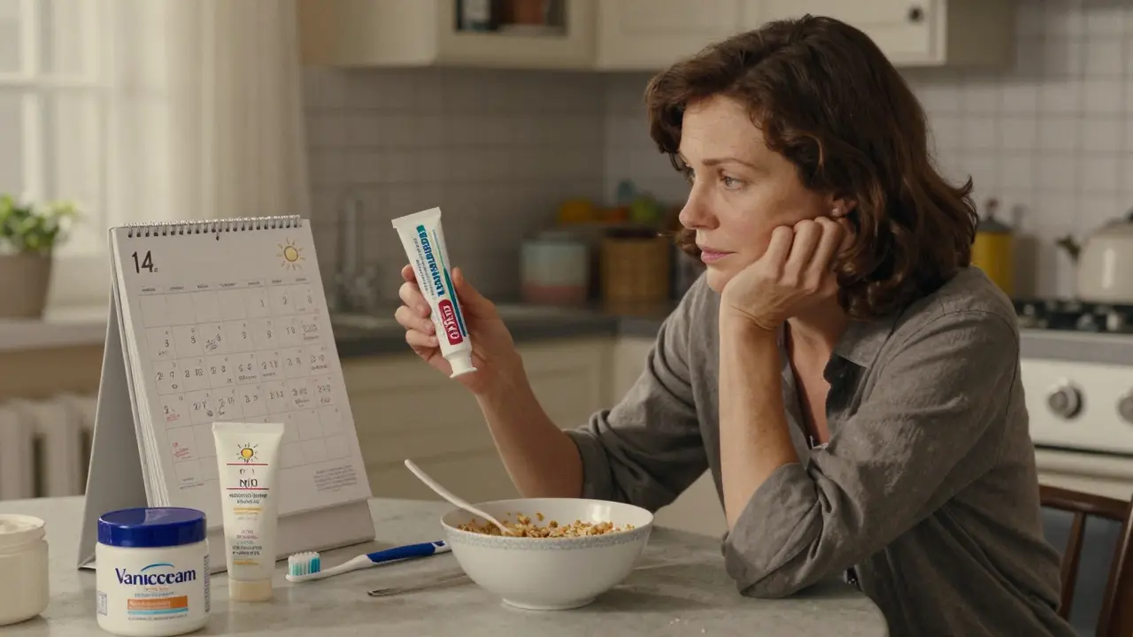Woman at kitchen table with non-fluoridated toothpaste, moisturizer, and sunscreen, tracking symptoms on calendar.