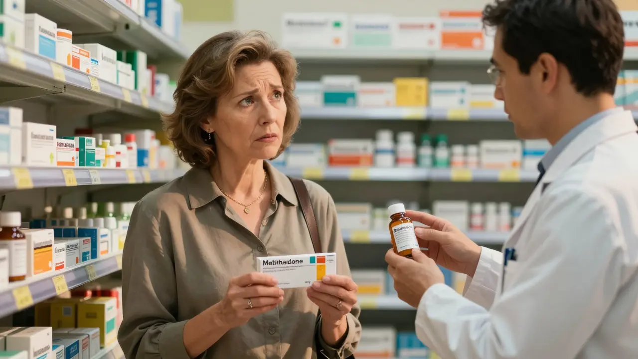 Woman in pharmacy receiving warning about drug interaction with methadone.