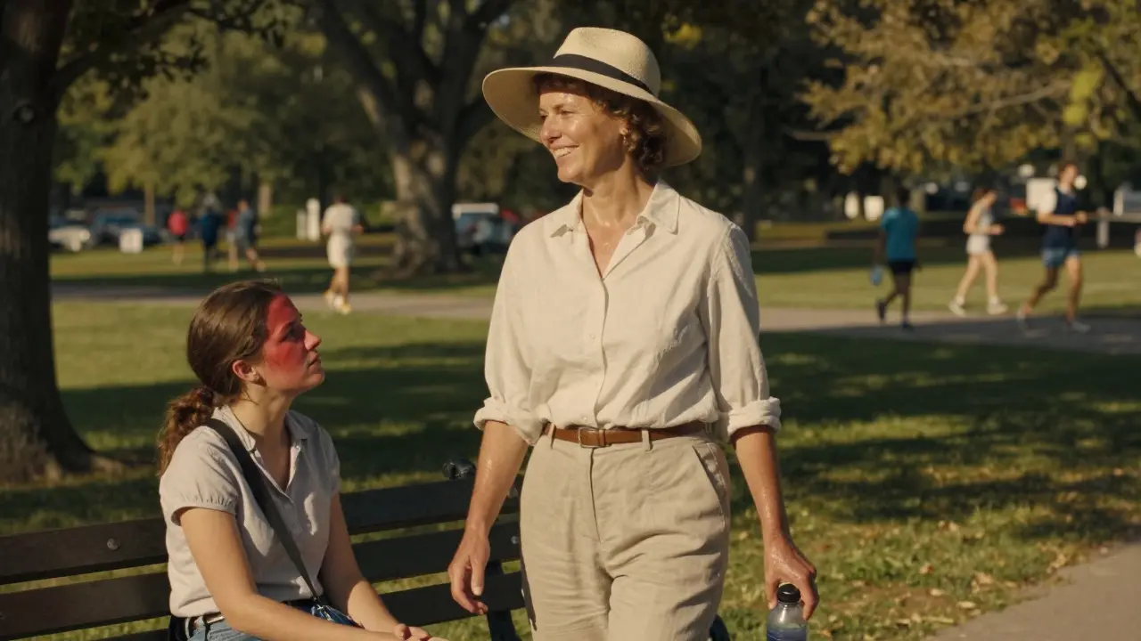 Woman with clear skin walking in park wearing wide hat, contrasting with another woman showing facial rash in background.