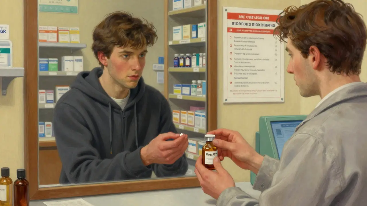 Young man receiving DoxyPEP pill from pharmacist, determined expression reflected in mirror.