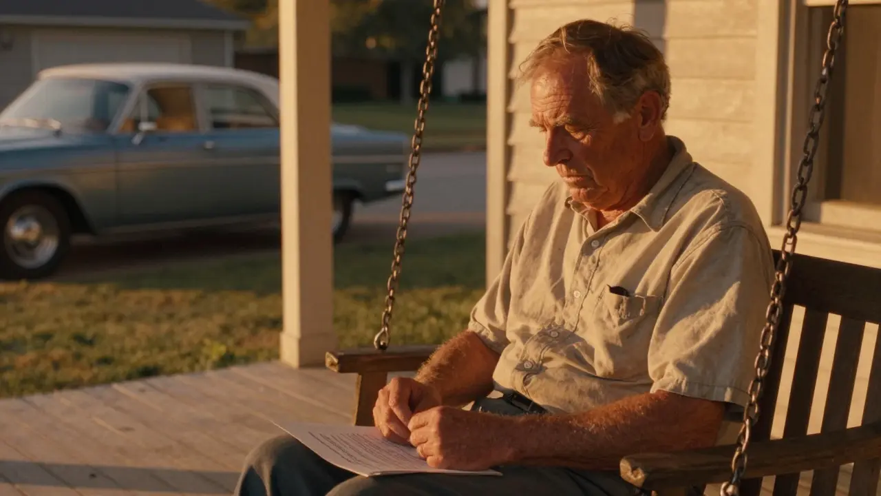 62-year-old man on porch swing staring at hands in contemplation