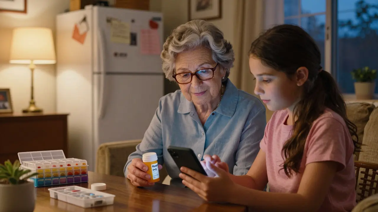A daughter helps her mother set up a medication reminder on a smartphone, with a pill organizer and fridge notes in the background.