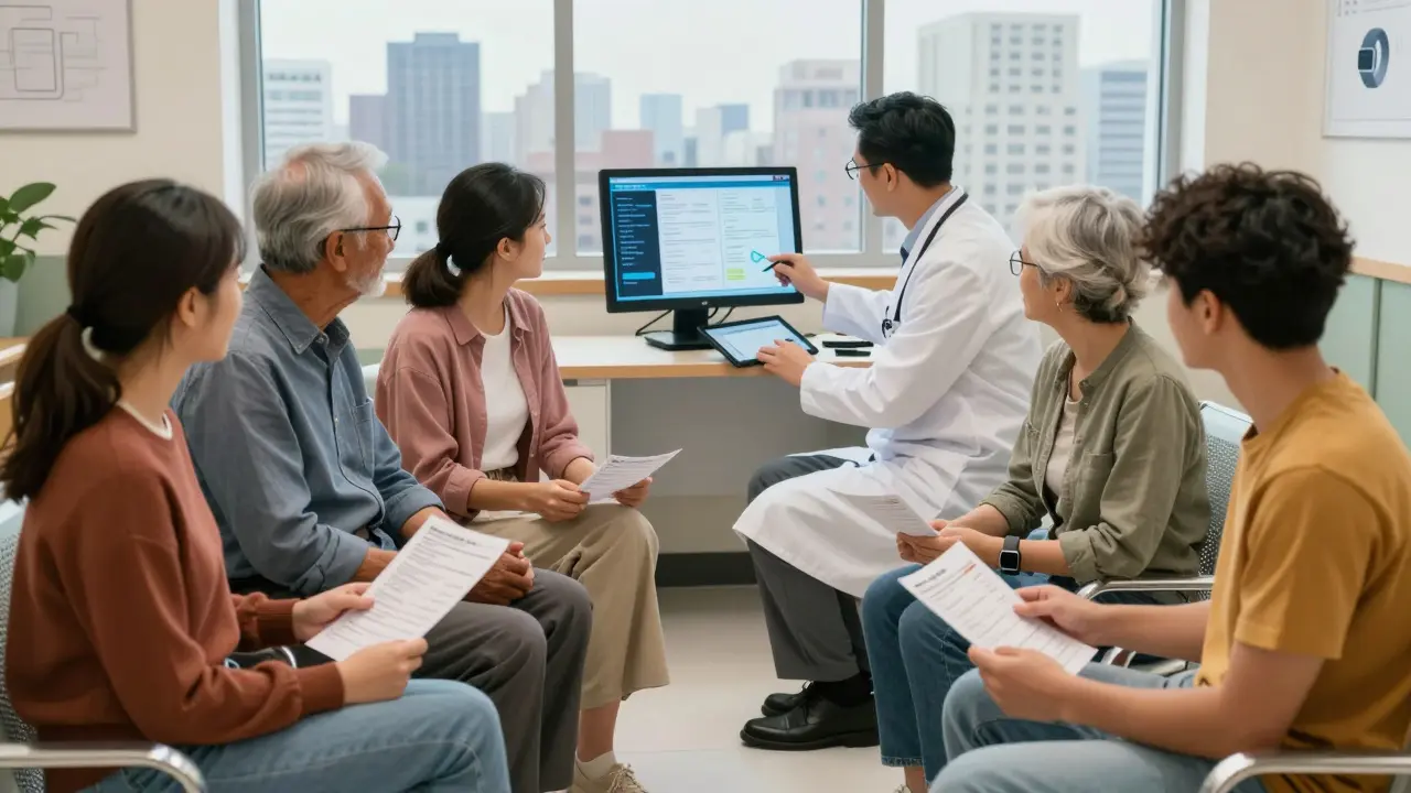 A diverse group of patients in a clinic holding medication lists while a doctor uses a tablet.