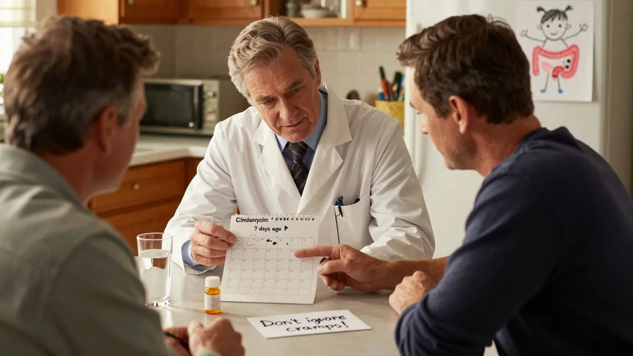 A doctor examines a patient's chart at the kitchen table, with a clindamycin bottle and a note warning about delayed symptoms.