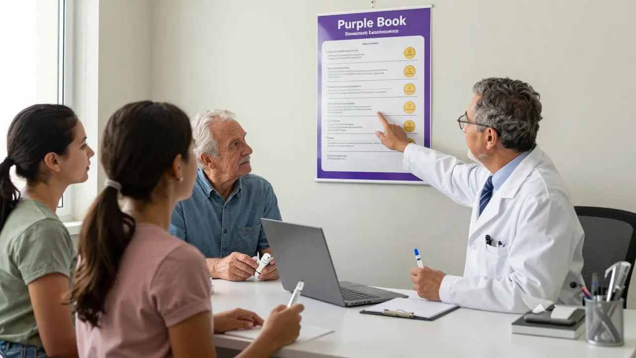A doctor explains biosimilars to patients using a Purple Book poster, with insulin pens and autoinjectors visible.