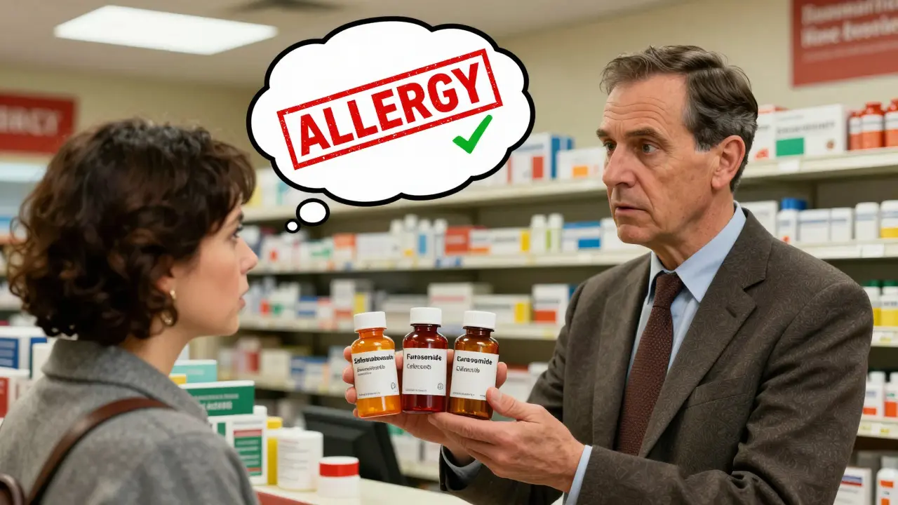 A pharmacist explains to a patient which sulfa-containing drugs are safe versus risky.