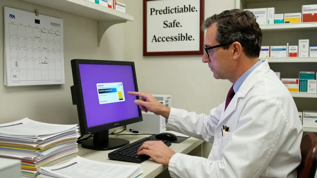 A pharmacist reviews the Purple Book on a monitor in a pharmacy back room, with weekly update calendar nearby.