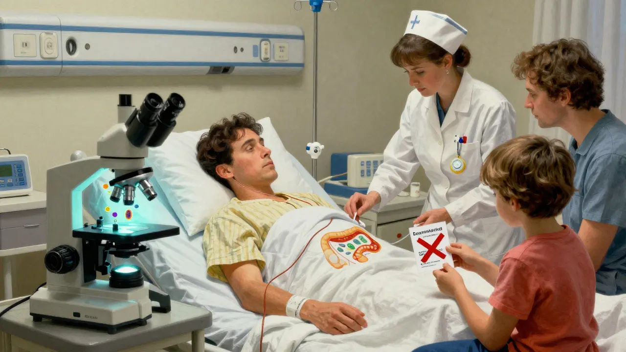 A transplant patient in a hospital bed with bacteria moving from the gut into the bloodstream, watched by a nurse.