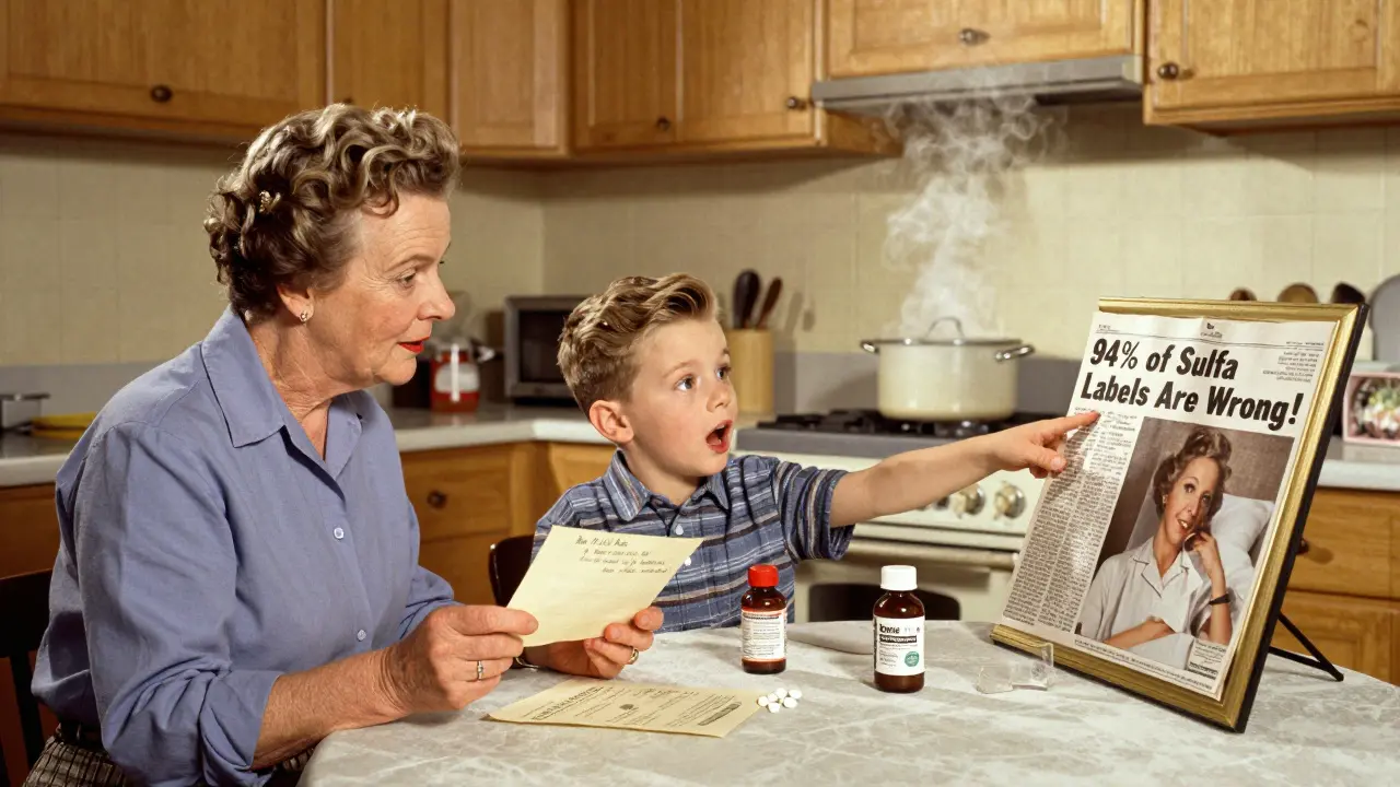 An elderly woman reads a letter about her corrected allergy label, with celecoxib on the table.