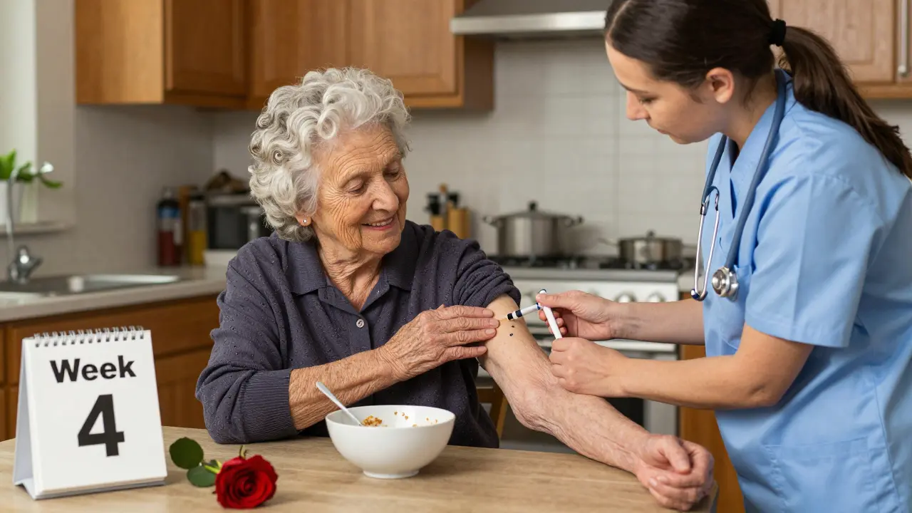 An elderly woman receives an injection with her husband’s support, smiling in relief at home.