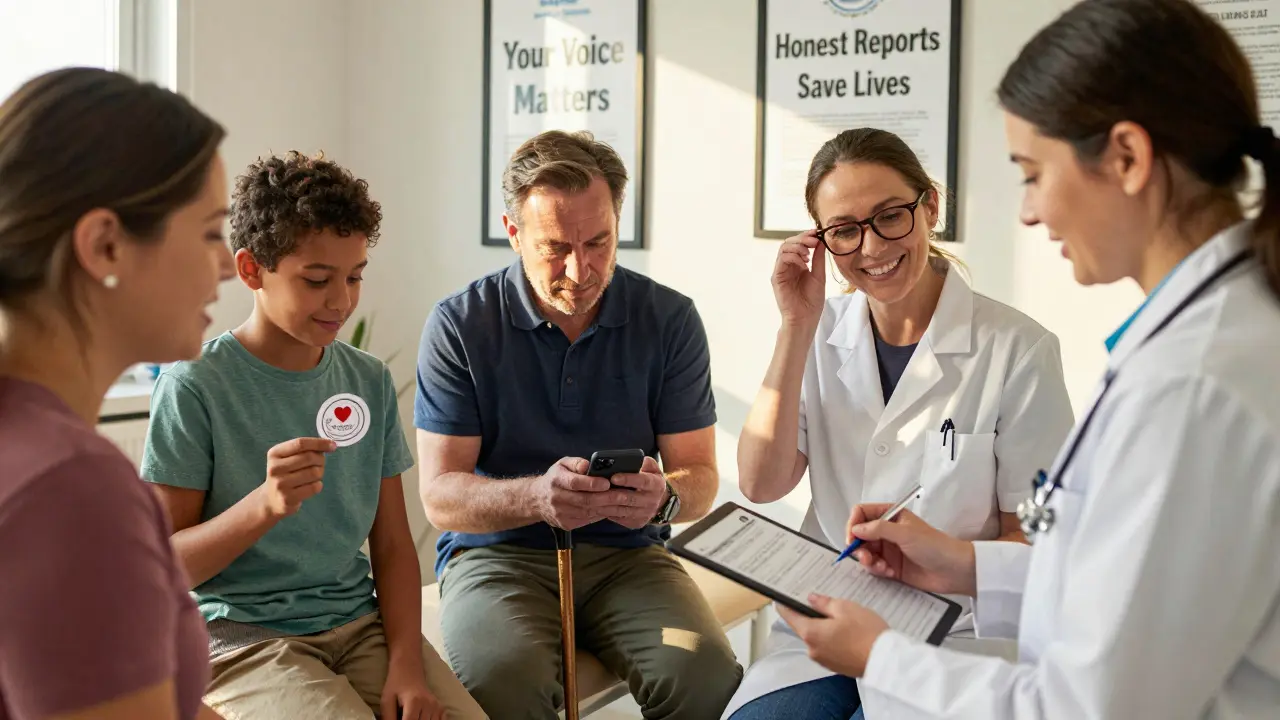 Diverse patients and a nurse exchanging tablets in a warm clinic setting, with smiles and a 'Your Voice Matters' poster.