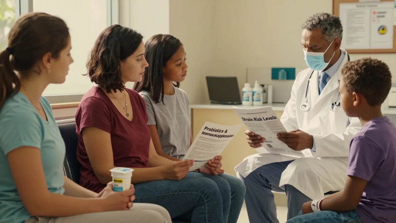 Diverse patients in a clinic discuss probiotics with a doctor, one holding a yogurt cup and another seeing a warning label.