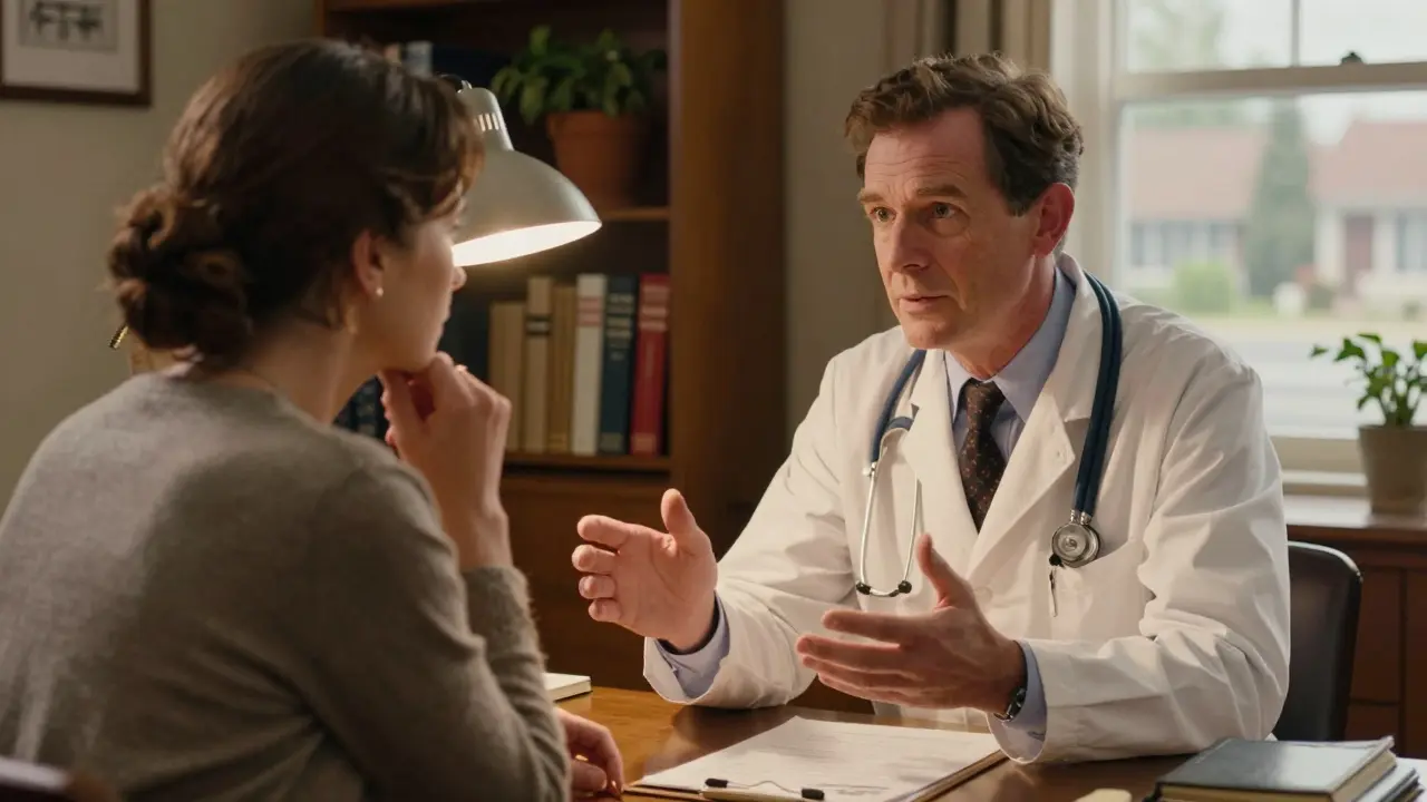 Doctor and patient discussing options in warm, cozy office setting