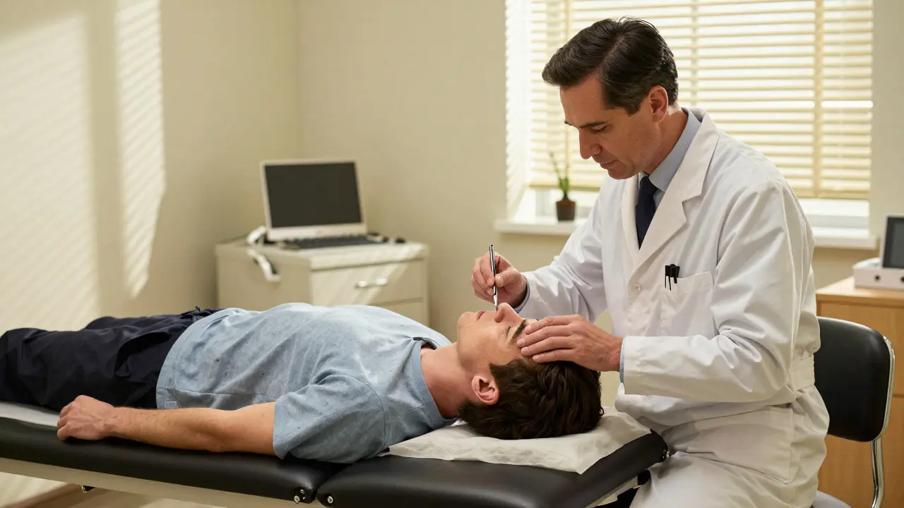 Doctor performing Epley maneuver to treat vertigo