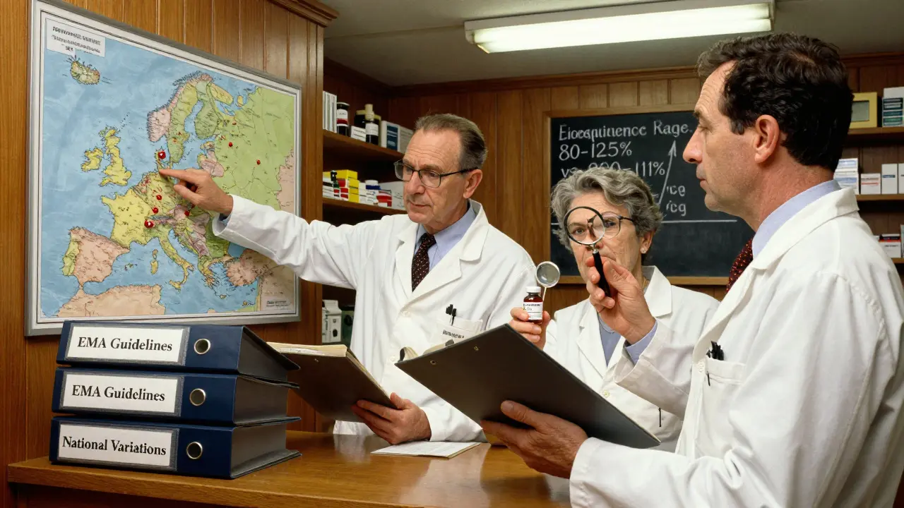 European pharmacists review guidelines and a map showing regional substitution rules, holding a vial of levothyroxine under bright lights.