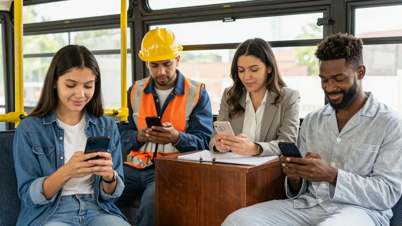 Four people in different settings each smile at personalized text reminders on their phones, symbolizing consistent medication adherence.