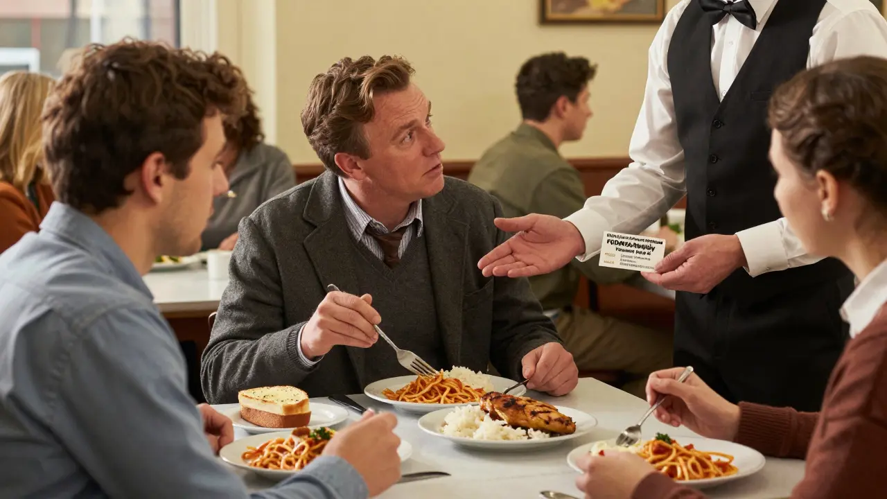 Man politely ordering safe food at a restaurant while friends eat high-FODMAP dishes, holding a FODMAP-friendly card.