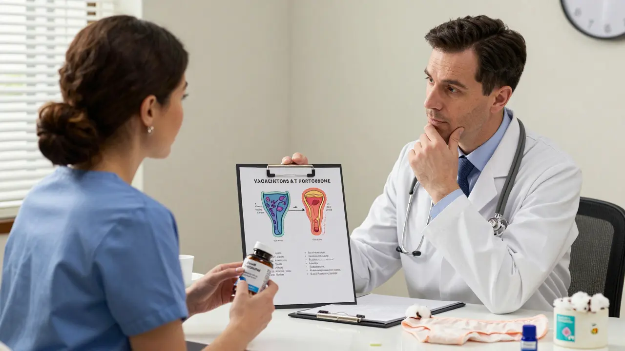 Patient and doctor discussing vaginal health with probiotics and cotton underwear visible.