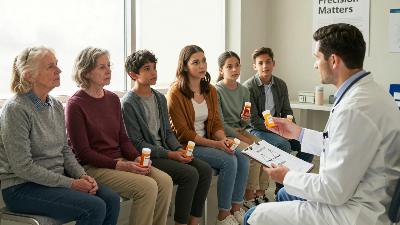 Patients in a clinic wait quietly, each holding different medication bottles, as a doctor explains treatment options with sunlight streaming in.