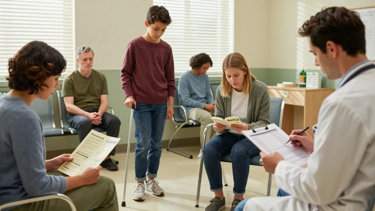 Patients in a clinic wait quietly, one checking a bowel log, while a doctor reviews their progress.