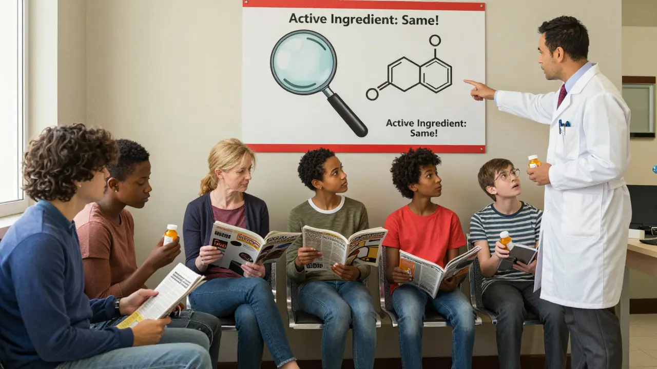 Patients in a clinic waiting room holding generic medication bottles, with a poster showing identical active ingredients.