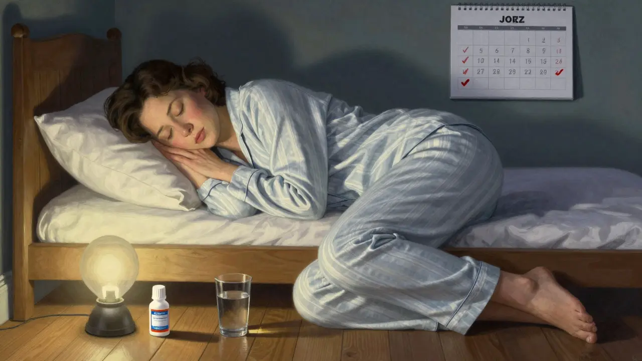 Woman sleeping peacefully with boric acid suppositories and water beside her bed at night.
