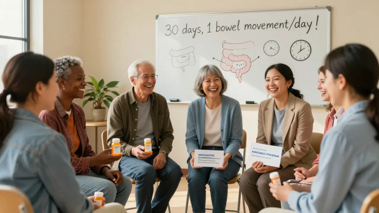 A diverse group of patients celebrate improved bowel function at a support group meeting.