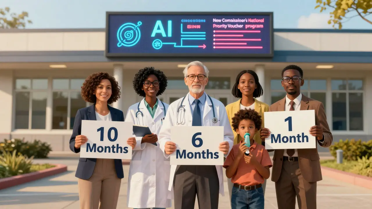 A diverse group stands before an FDA building holding signs for different approval times, with AI icons glowing above.