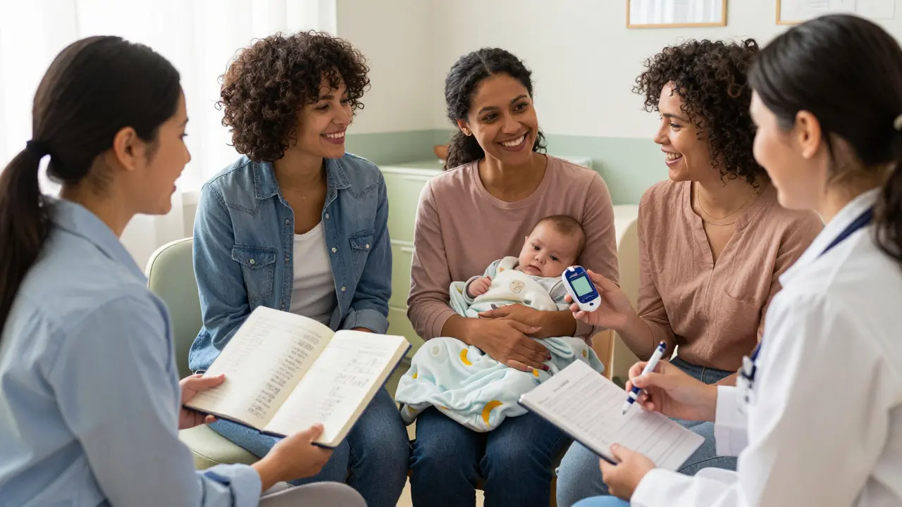 A group of pregnant women learning about gestational diabetes management with a healthcare provider.