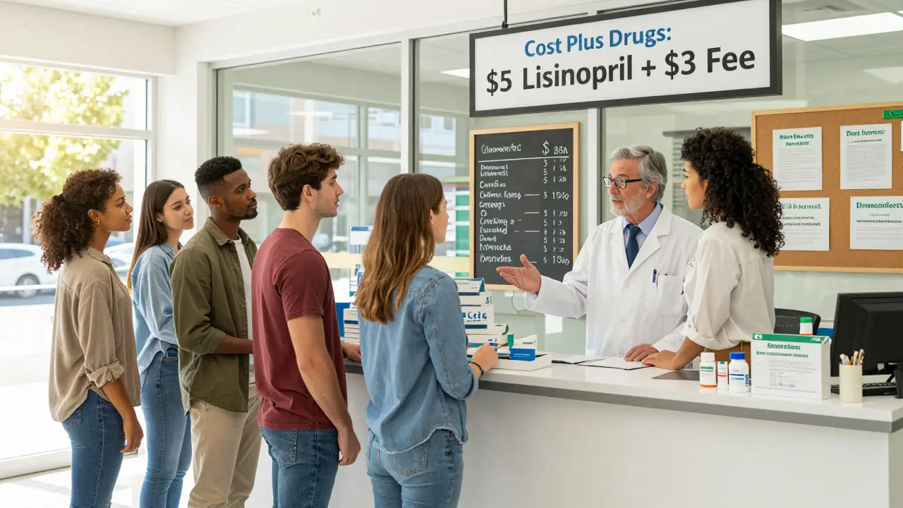 A modern pharmacy with transparent pricing displays drug costs and a fixed  fee, as a pharmacist explains options to a diverse group of customers in bright, hopeful lighting.
