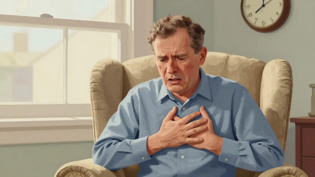 A person clutching their chest while sitting in a chair indoors.