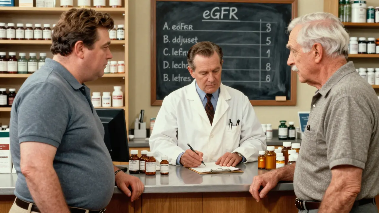 A pharmacist calculating adjusted body weight for two patients at a pharmacy counter, surrounded by pill bottles and eGFR chart.