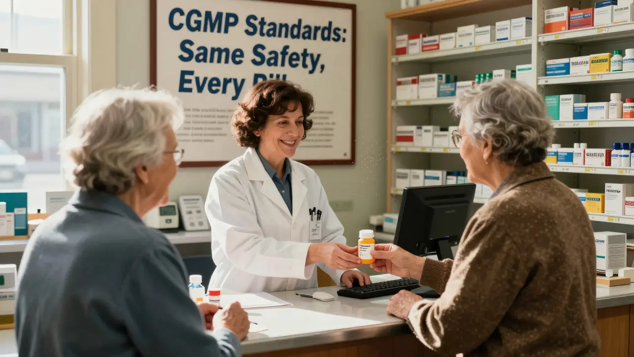 A pharmacist hands a generic medication to an elderly patient in a cozy pharmacy, with a poster about CGMP standards on the wall behind them.