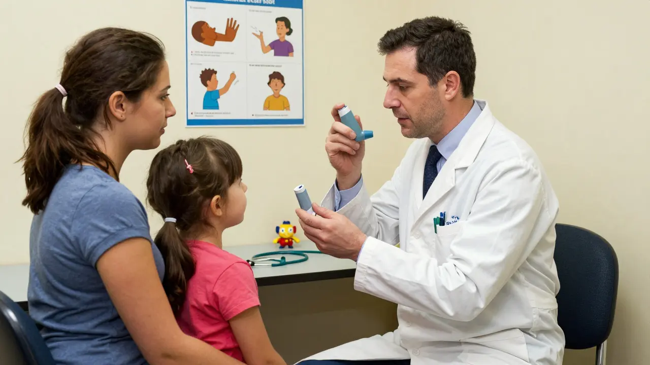 A pharmacist teaching inhaler use to a mother and child, using visual aids and eye-level guidance.