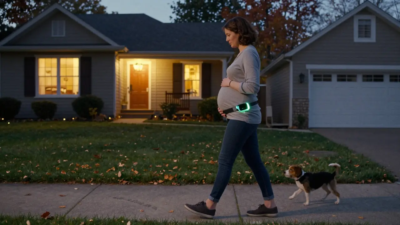 A pregnant woman taking a peaceful evening walk with a glucose monitor, surrounded by autumn leaves.