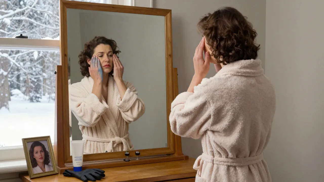 A woman examining her tight skin in a mirror, her fingertips showing signs of Raynaud’s phenomenon.