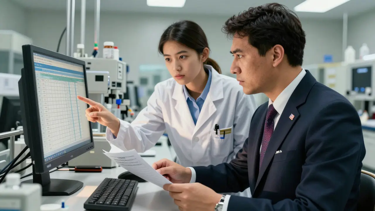 An FDA inspector reviews electronic records with a technician in a foreign manufacturing facility, sunlight illuminating clean equipment and compliance documentation.