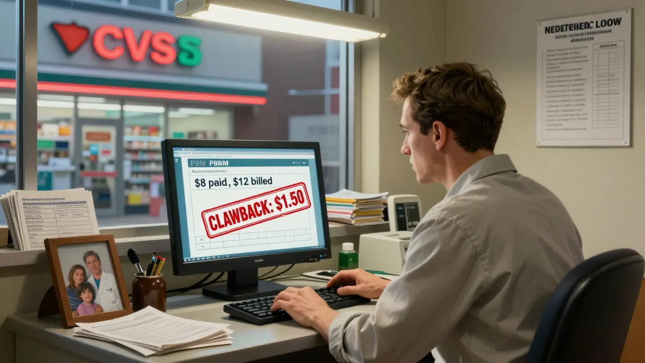 An independent pharmacist stares at a computer screen showing unfair PBM reimbursement and a clawback notice, surrounded by bills and a fading family photo.