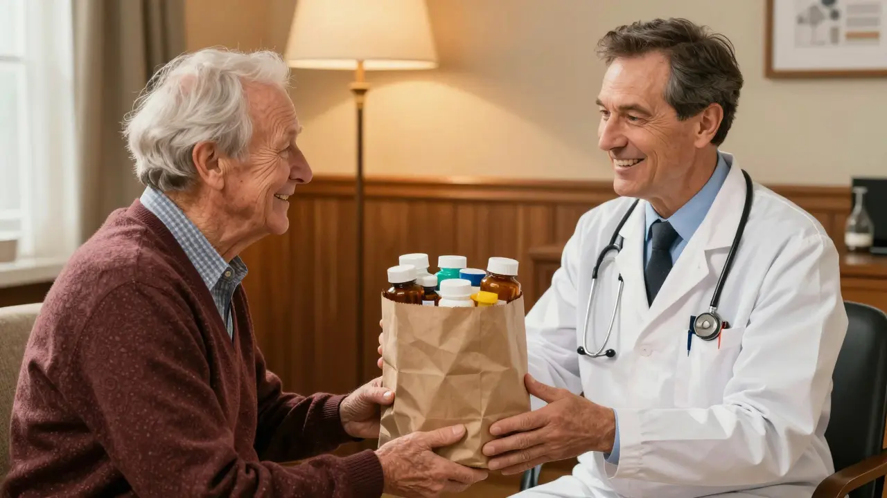 An older adult giving a bag of medications to a doctor.