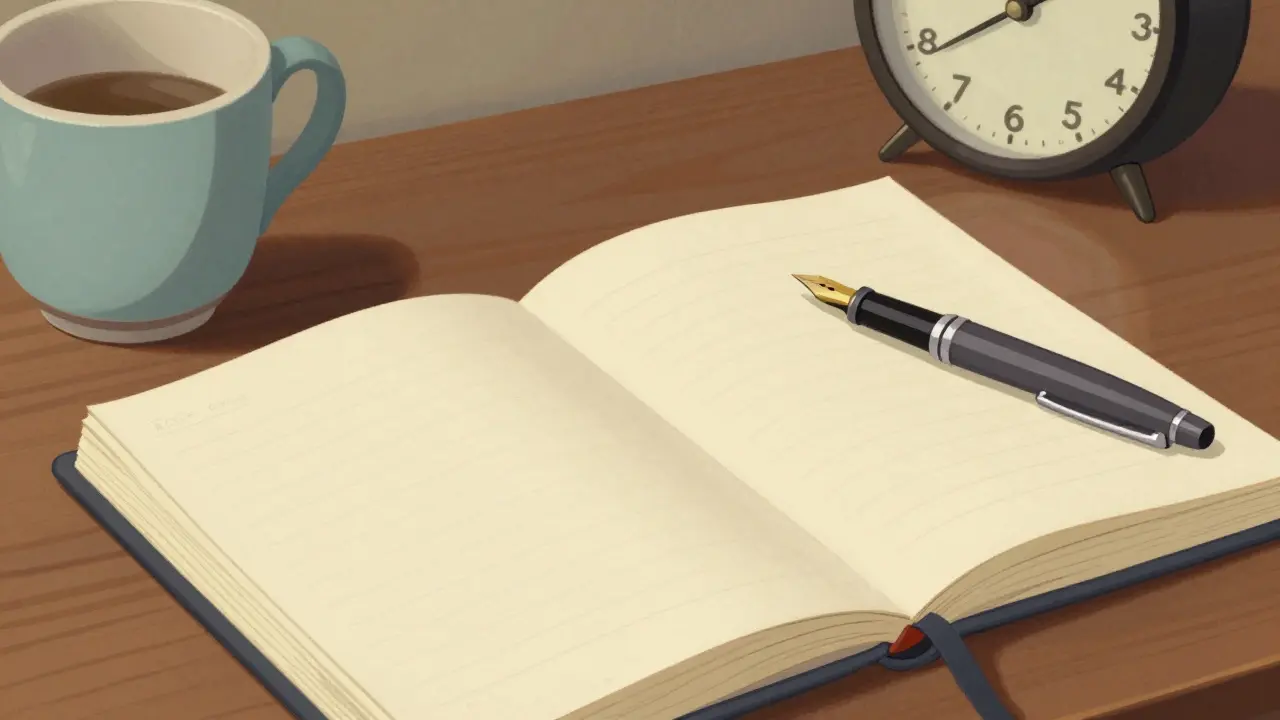 Desktop with notebook, pen, medicine cup, and clock arranged
