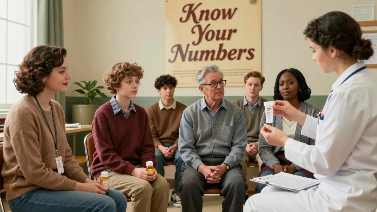 Diverse patients in a clinic waiting room with a nurse holding a urine sample and lab report.