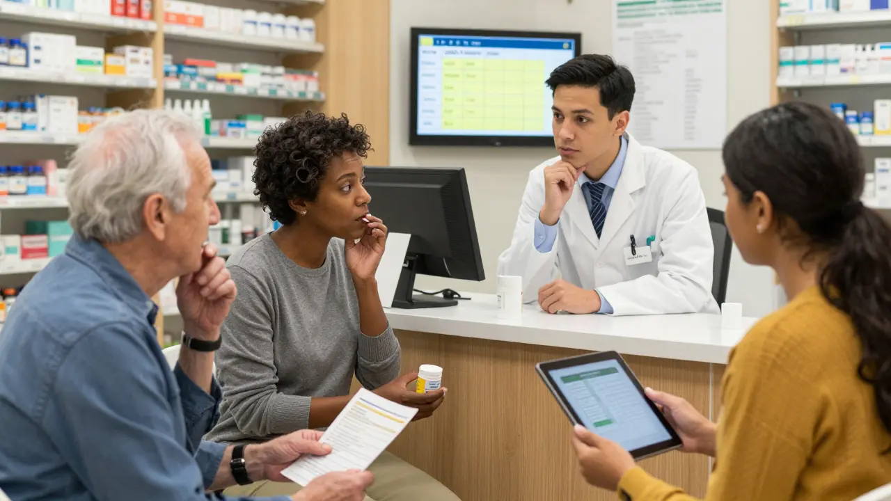 Diverse patients receiving personalized counseling in a pharmacy, with visual and translated aids.