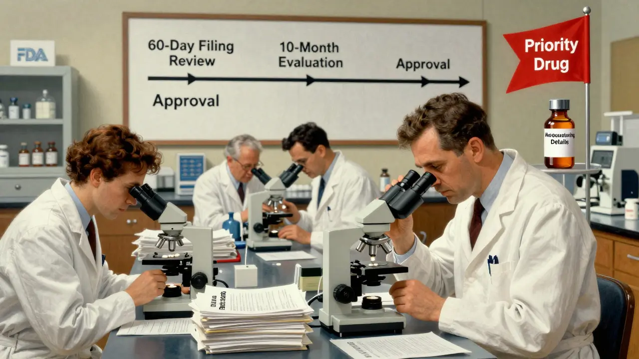 FDA scientists review drug data in a lab, with a timeline chart and a priority drug vial glowing under soft light.