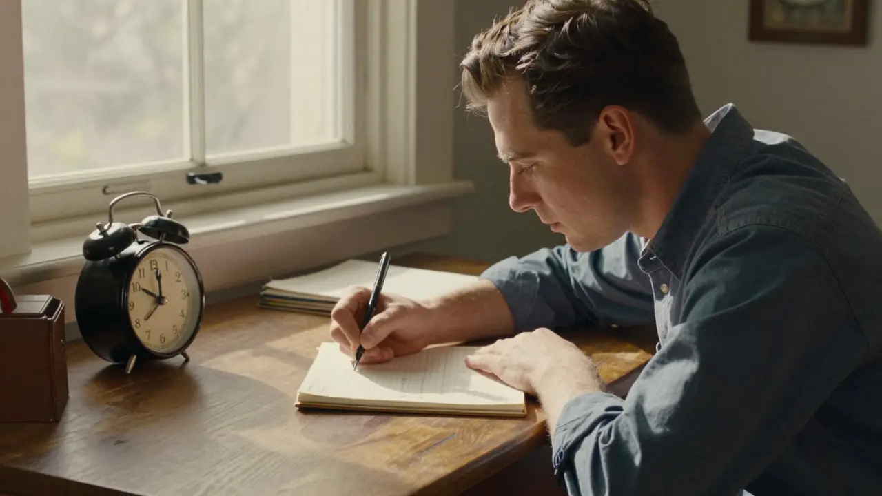 Individual writing in a notebook with morning sunlight.