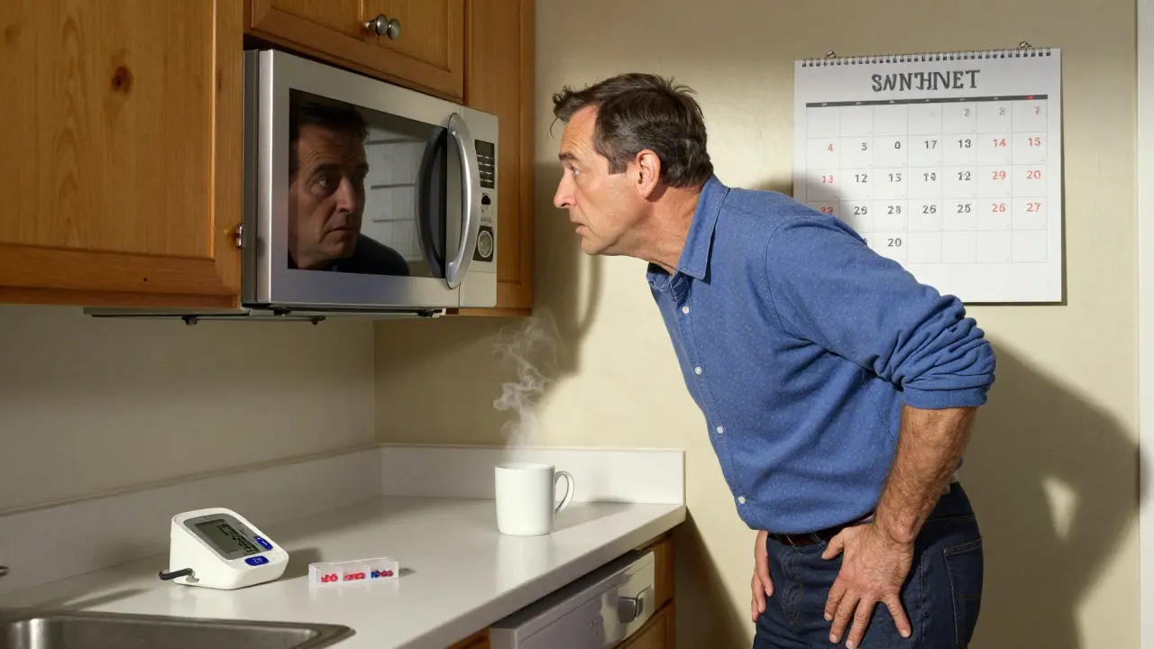 Man examining himself in the microwave door with thigh pain, surrounded by medication and calendar marks.